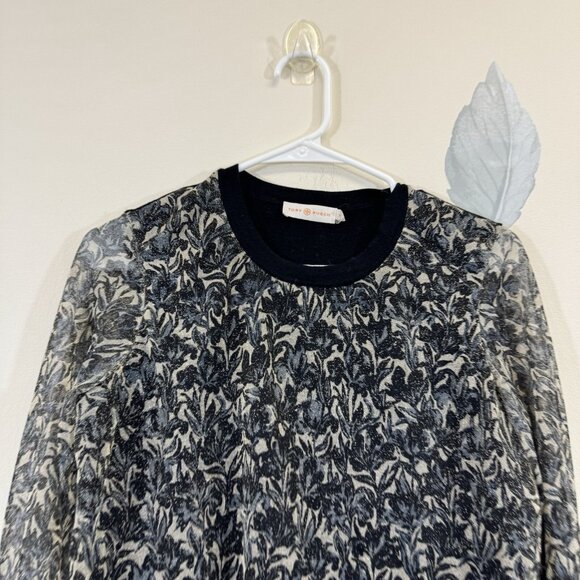 Tory Burch Metallic Floral Merino Wool Sweater Size M Long Sheer Sleeve - Picture 3 of 7